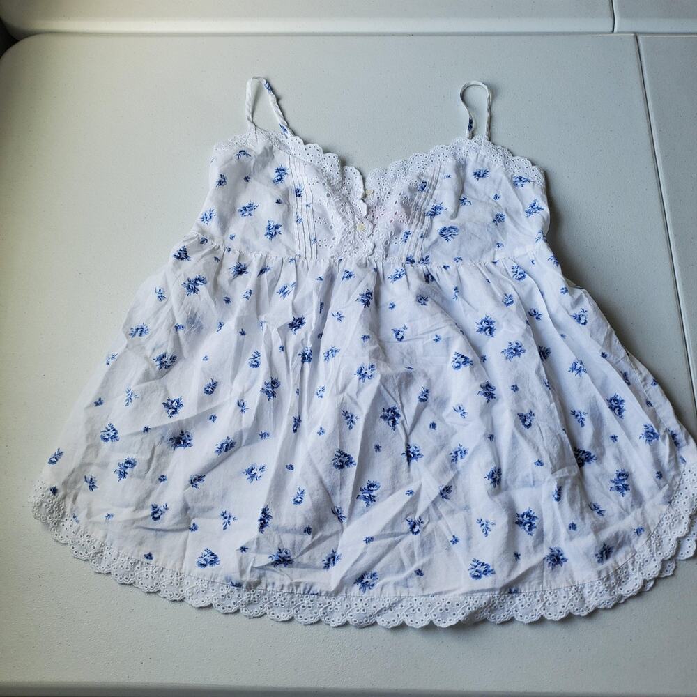Y2K Victoria's Secret Camisole Babydoll Dress Womens XS White Blue Floral Eyelet